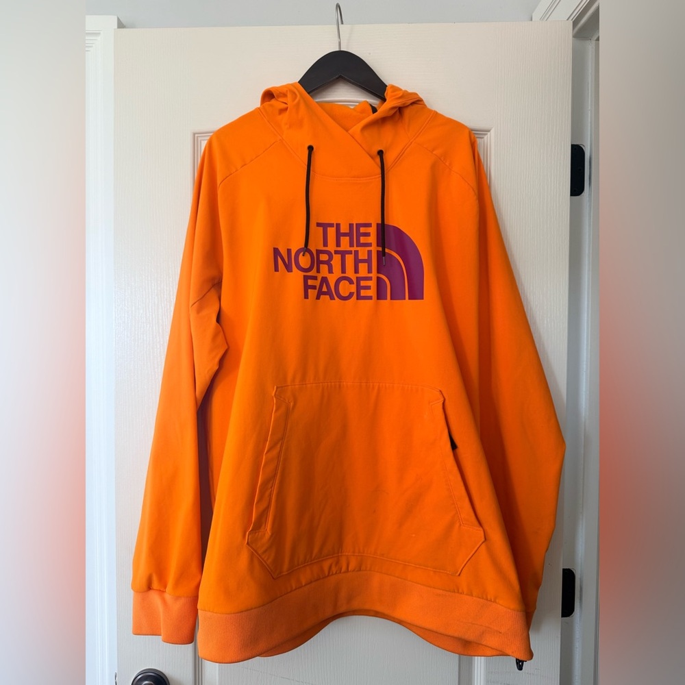 North Face Men’s XL- techno logo hoodie, neon orange with purple logo